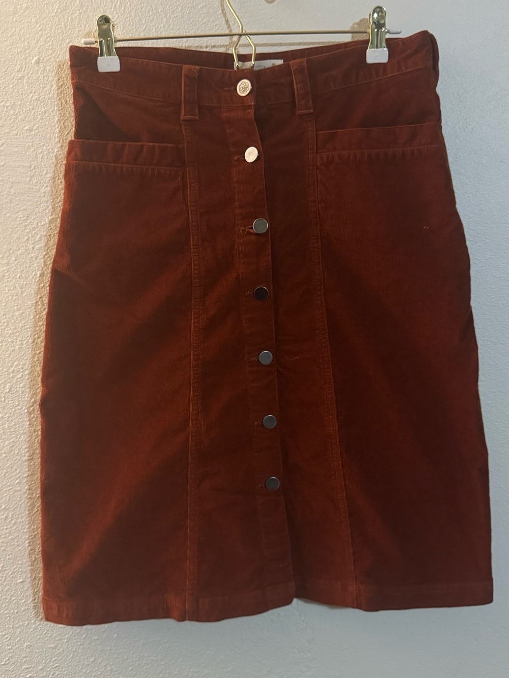 Aventura Button-Front Mini Skirt in Rust Brown